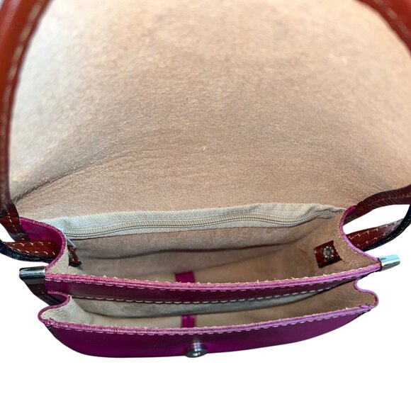 Handcrafted Fuchsia & Brown Leather Adjustable Strap Saddle Bag Sz S - Picture 9 of 11